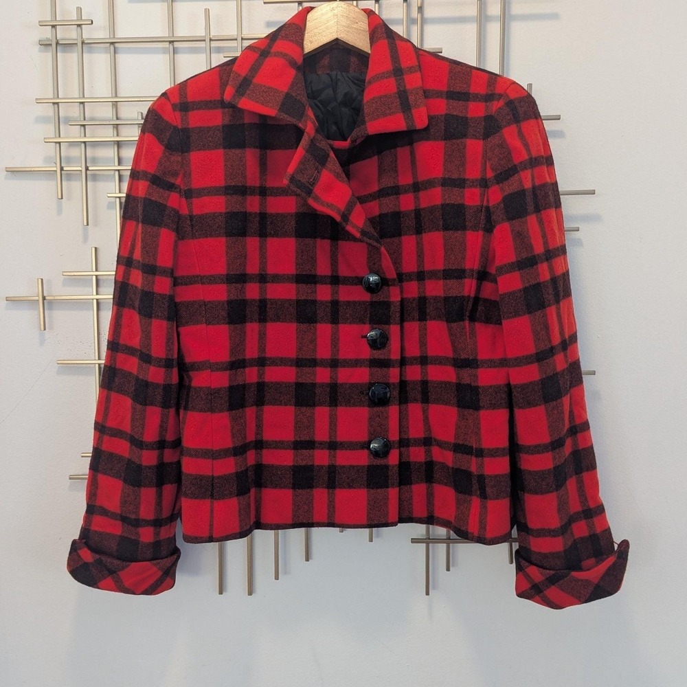 Vtg ILGWU Jacket Red Black Plaid Wool Blend Sz 8 Classic Americana Union Made
